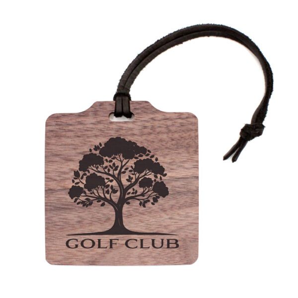 walnut wood golf bag tag with logo